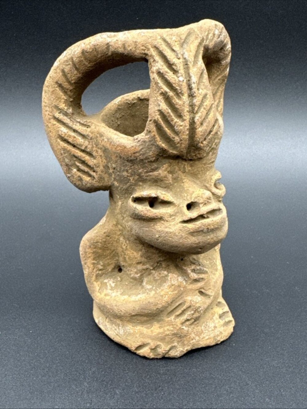 Pre Columbian Style Folk Art Pottery Face Diety Head Vase Folk Art Legs Crossed